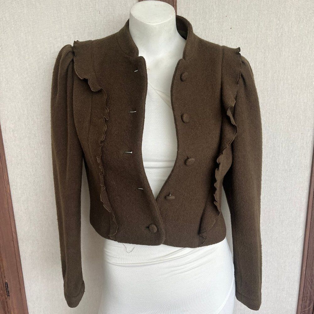 1980's Vintage Cape Cod Olive Green Wool Short Ruffled Coat